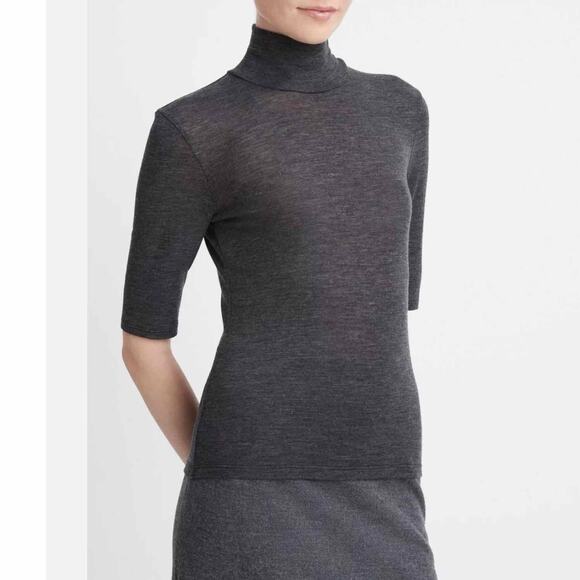 Vince Elbow Sleeve Turtleneck Wool Top Heather Charcoal Medium - Picture 12 of 12